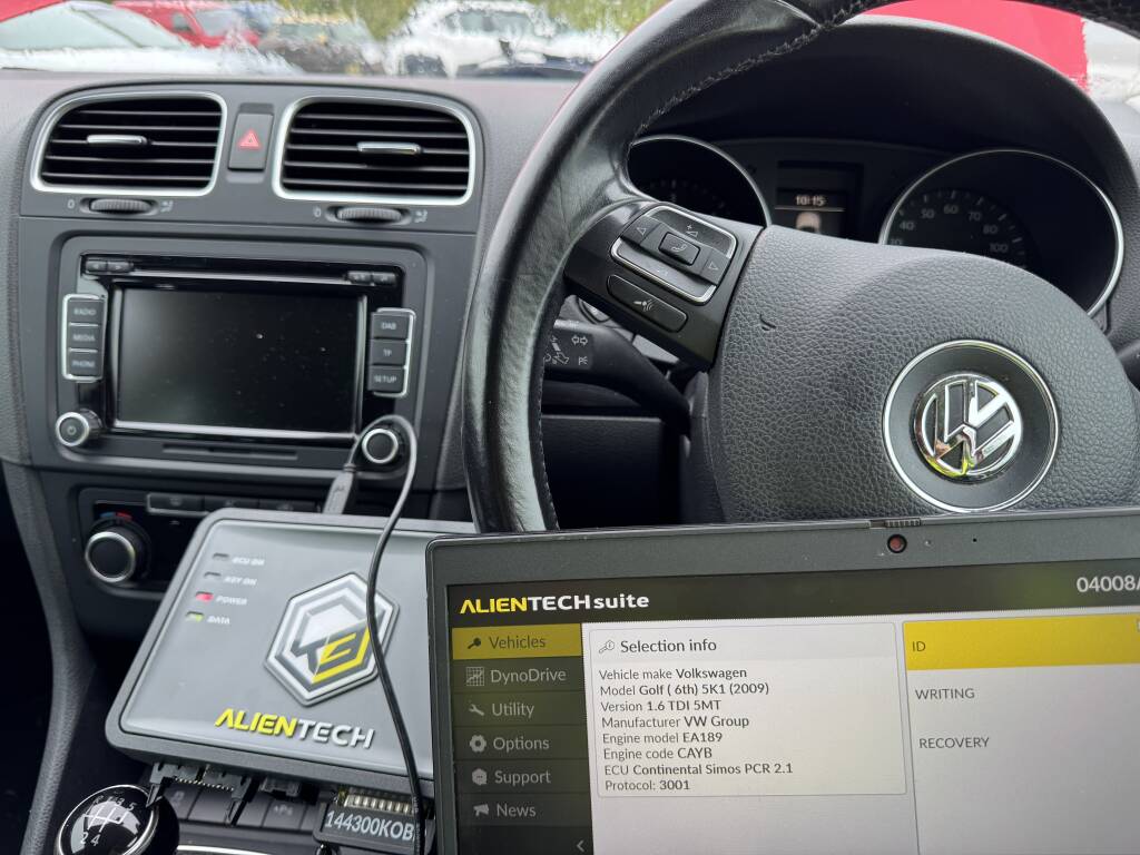 Kernowsport technician connecting OBD diagnostic tool to VW Golf in Troon