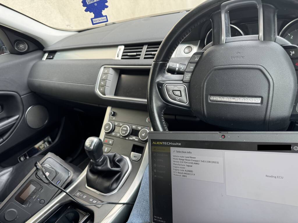 Kernowsport technician diagnosing DPF fault on Range Rover Evoque in Camborne