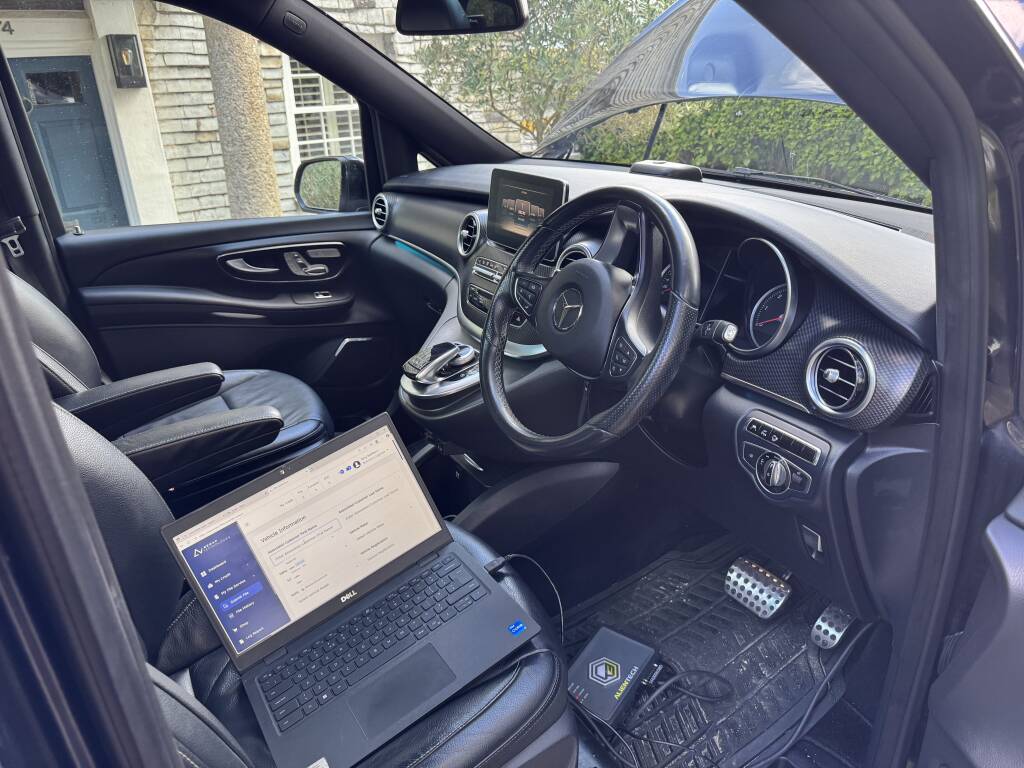 Kernowsport technician carrying out ECU remap on Mercedes V-Class 250 in Cornwall