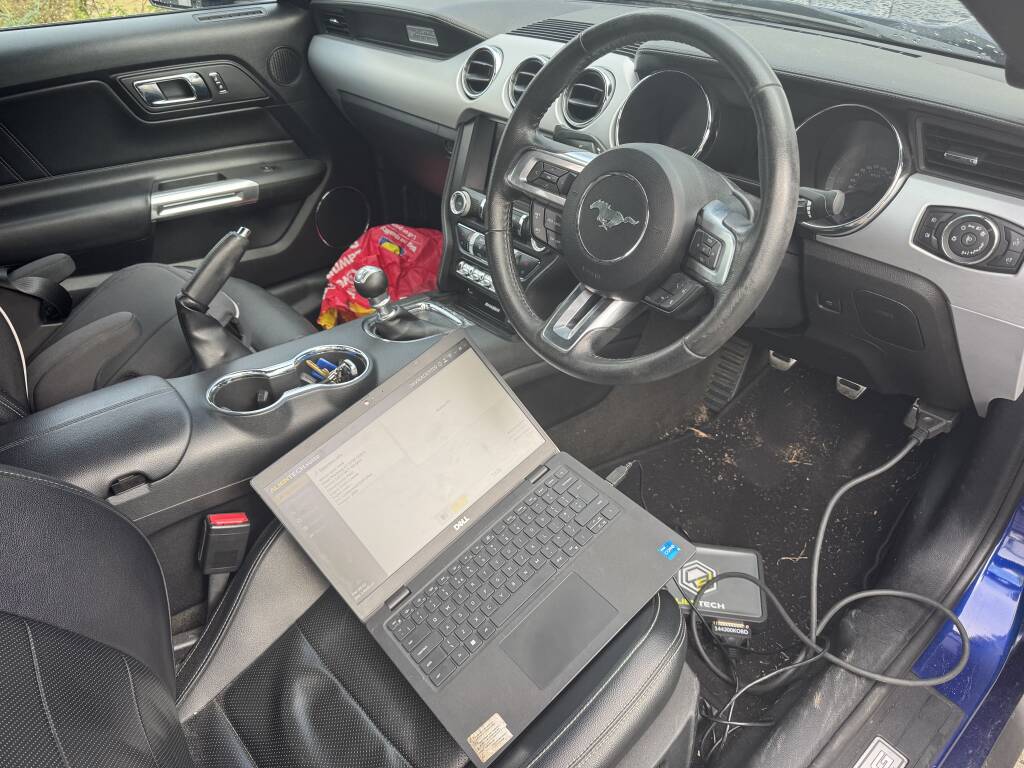 Ford Mustang 5.0 V8 ECU remap and tuning in progress at Kernowsport.
