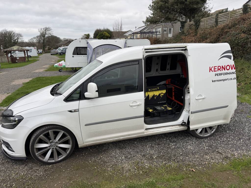 Kernowsport mobile tuning van parked beside Fiat Ducato camper.